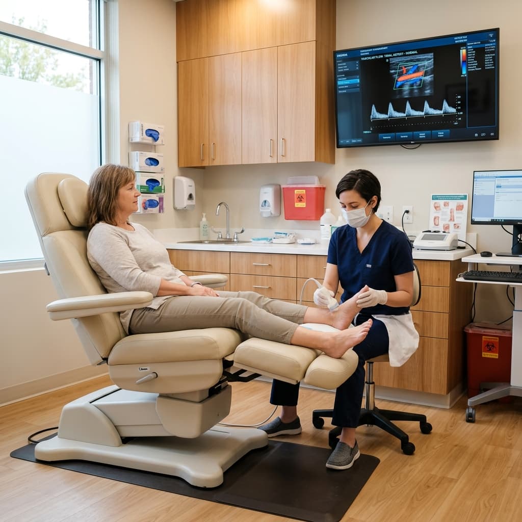 A look inside our state-of-the-art podiatry examination room where vascular screening and plantar pressure mapping are performed.