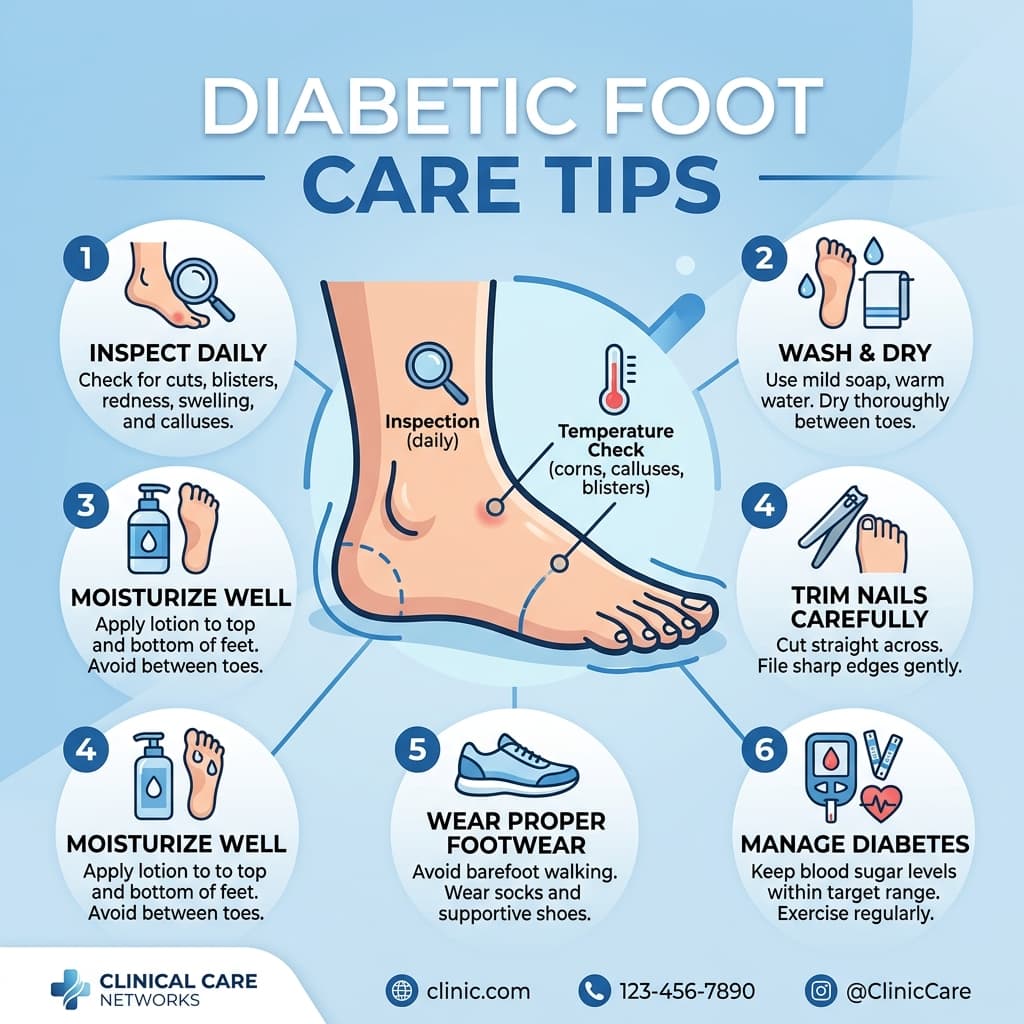 Essential daily guidelines for diabetic foot care. Inspect, clean, moisturize, and protect your feet to prevent complex complications.